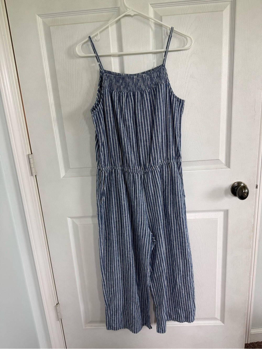 beachlunchlounge Blue and White Striped Smocked Jumpsuit Linen Cotton Coastal